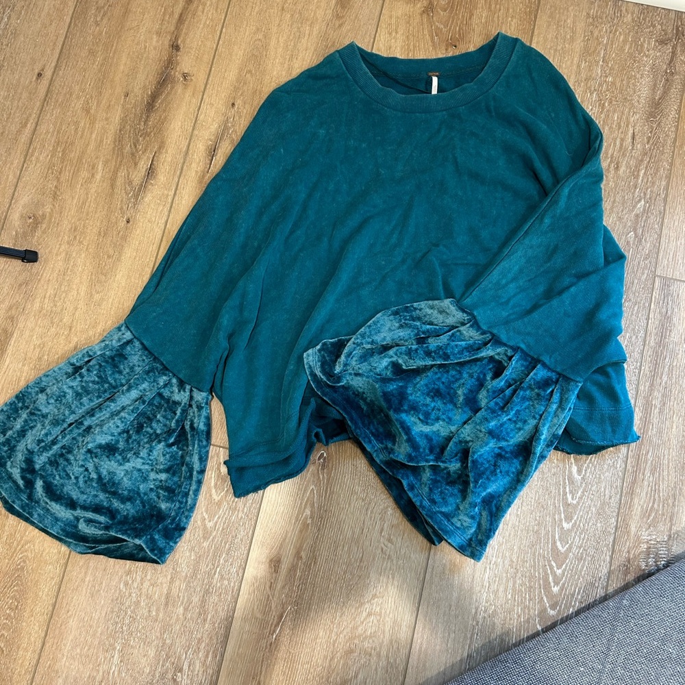 Free People Teal Velvet Sleeve Top